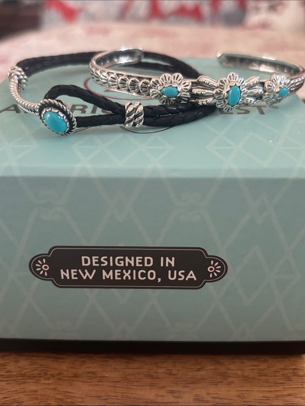 American West 925 Sterling Turquoise Bangle & Leather/Turquoise 925 Bracelet Duo